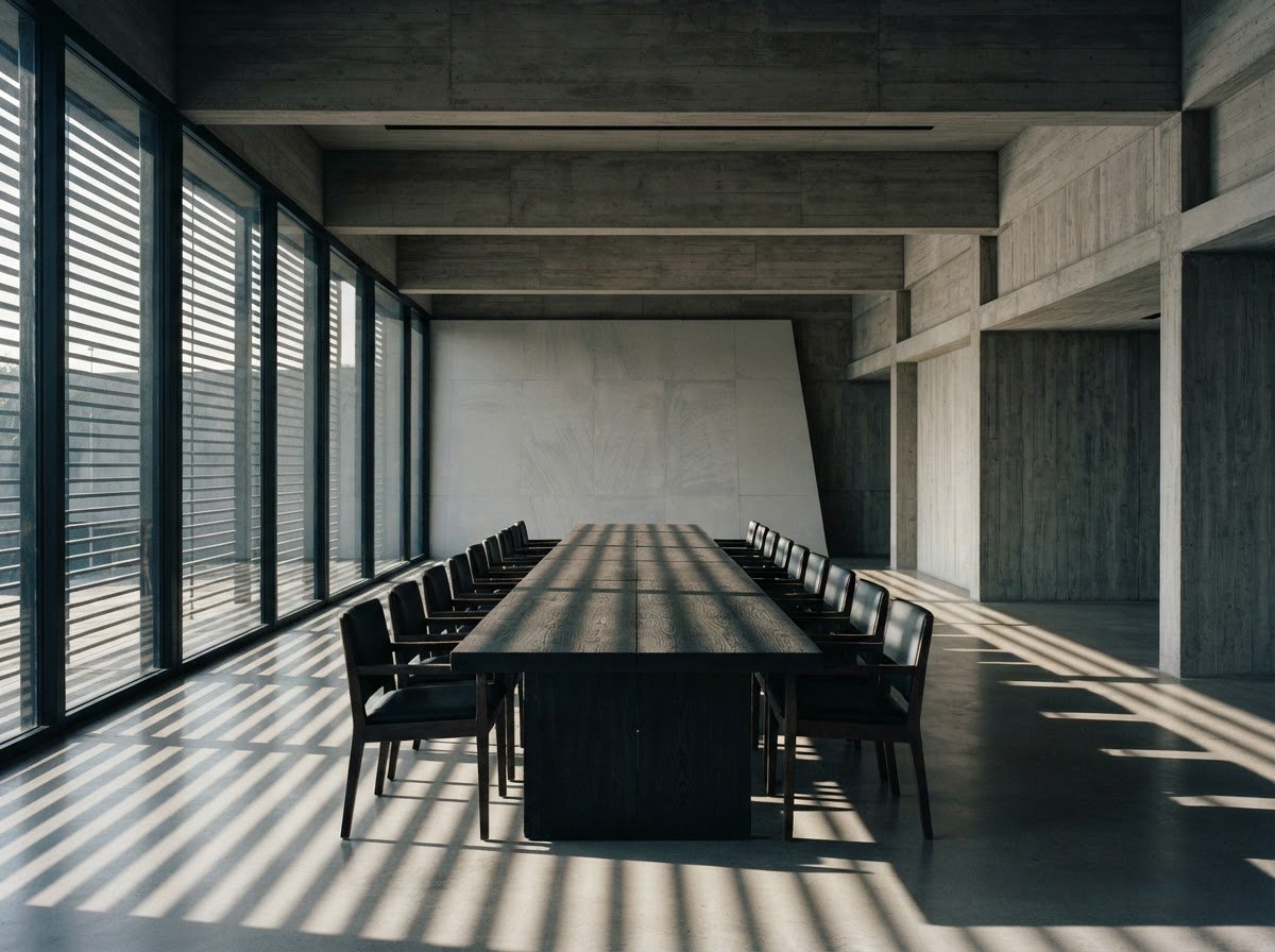 Sala de reuniões ampla em concreto, luz natural