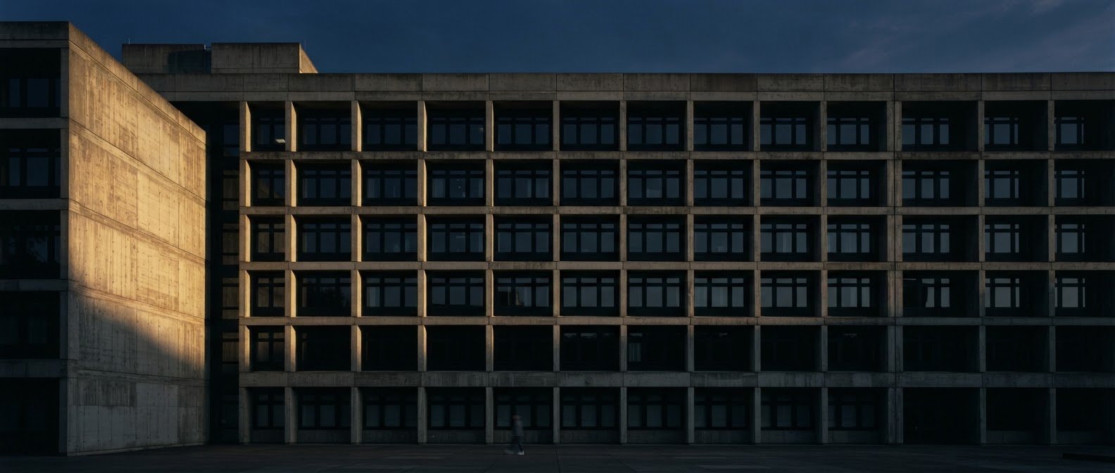 Fachada de edifício institucional em concreto, luz do entardecer